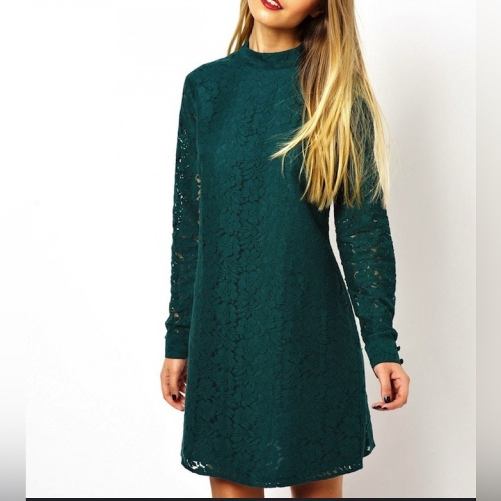 ASOS Sheath Dress 14 Green Cotton Lace Long Sleeve Washable Stretch NEW NWT